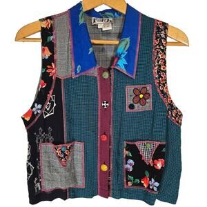 Faith Celia Forrester Vest Large Patchwork Mixed Print Boho Artsy Art‎ to Wear